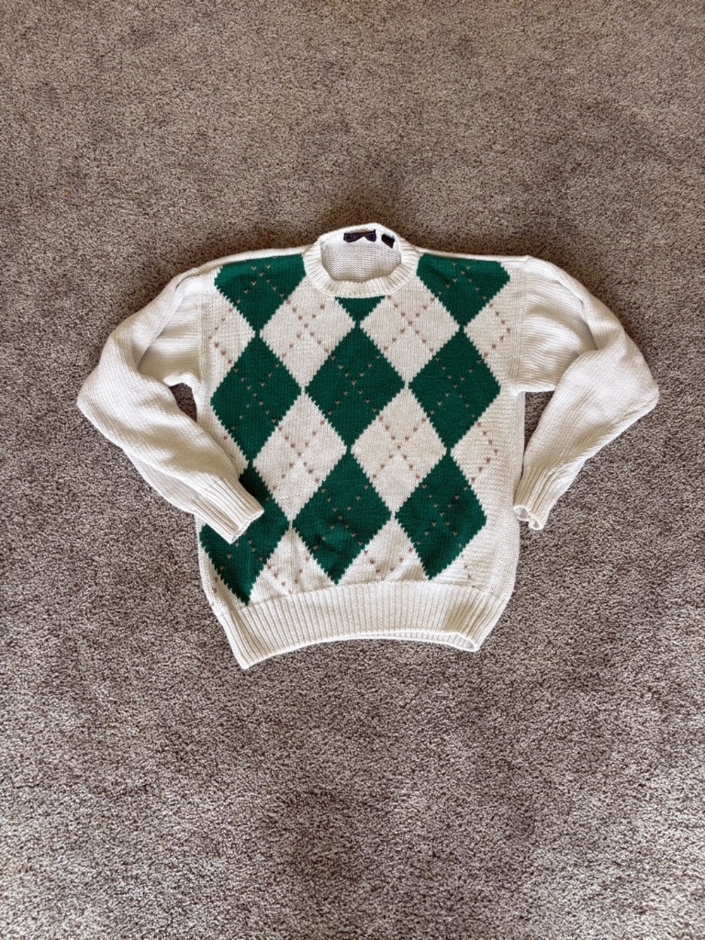 American Vintage Cream and Green Argyle Crewneck Sweater